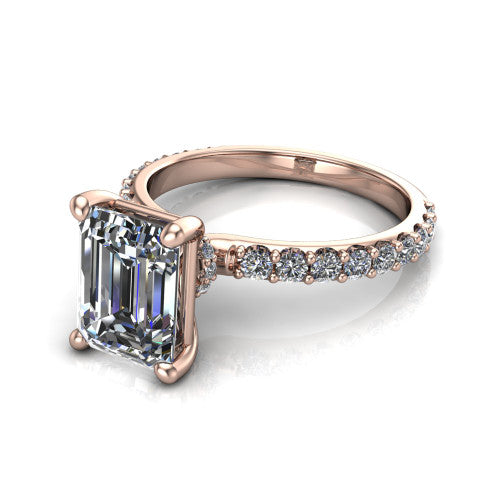 Clara emerald pavé engagement ring in 14K Rose Gold with hidden halo and micro-pavé band, three-quarter perspective view