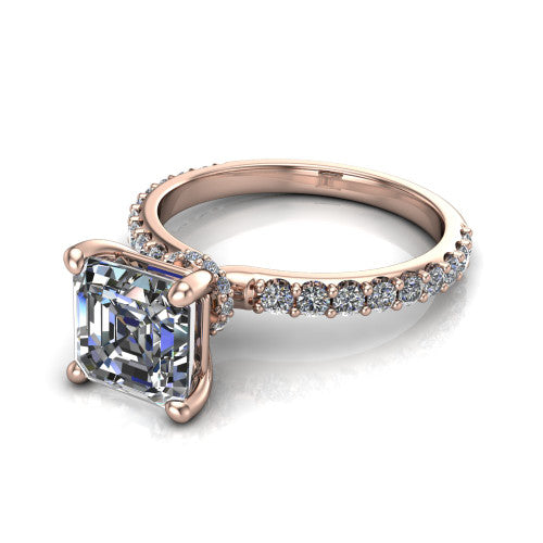 Clara asscher pavé engagement ring in 14K Rose Gold with hidden halo and micro-pavé band, three-quarter perspective view