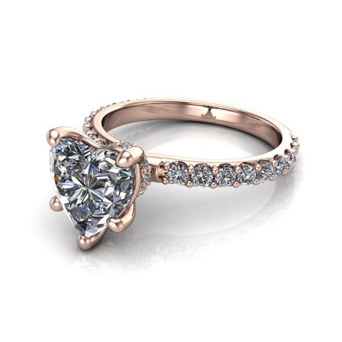 Clara heart pavé engagement ring in 18K Rose Gold with hidden halo and micro-pavé band, three-quarter perspective view