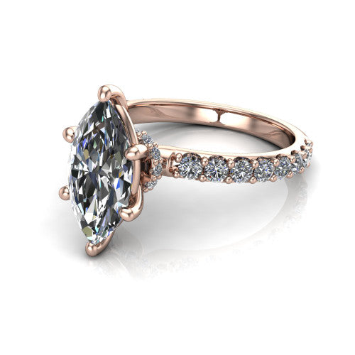 Clara marquise pavé engagement ring in 18K Rose Gold with hidden halo and micro-pavé band, three-quarter perspective view
