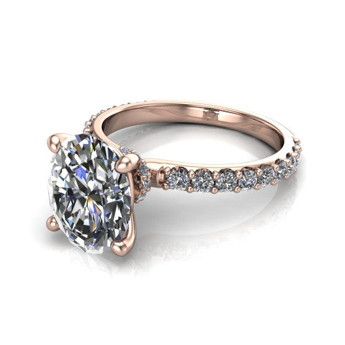 Clara oval pavé engagement ring in 14K Rose Gold with hidden halo and micro-pavé band, three-quarter perspective view