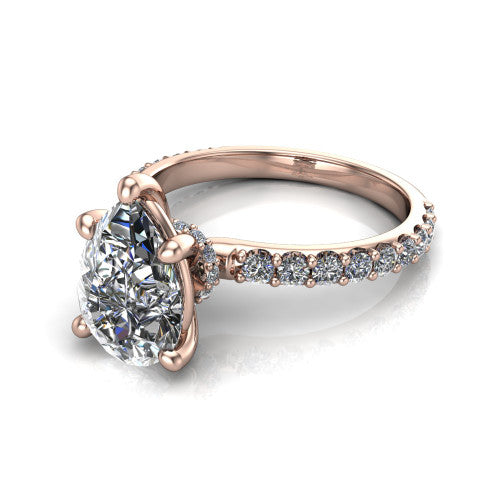 Clara pear pavé engagement ring in 14K Rose Gold with hidden halo and micro-pavé band, three-quarter perspective view