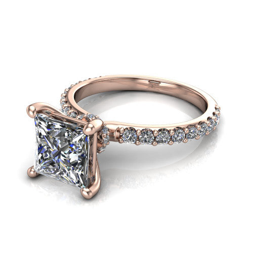 Clara princess pavé engagement ring in 18K Rose Gold with hidden halo and micro-pavé band, three-quarter perspective view
