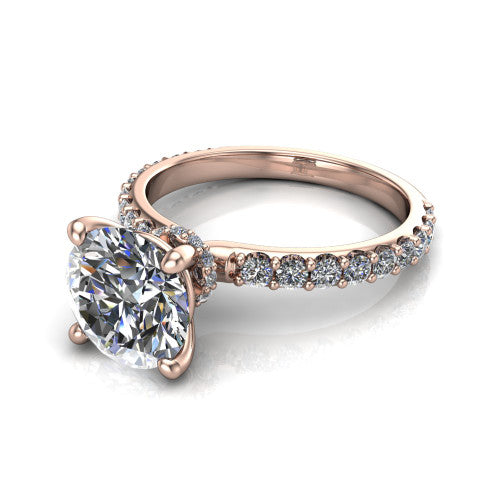 Clara round pavé engagement ring in 14K Rose Gold with hidden halo and micro-pavé band, three-quarter perspective view