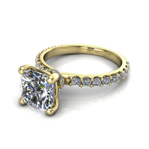 Clara cushion pavé engagement ring in 14K Yellow Gold with hidden halo and micro-pavé band, three-quarter perspective view