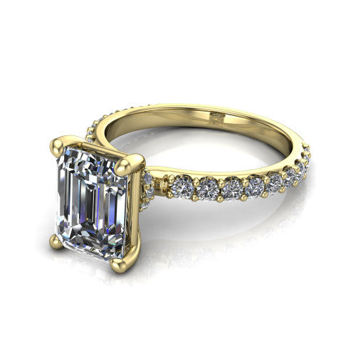 Clara emerald pavé engagement ring in 14K Yellow Gold with hidden halo and micro-pavé band, three-quarter perspective view
