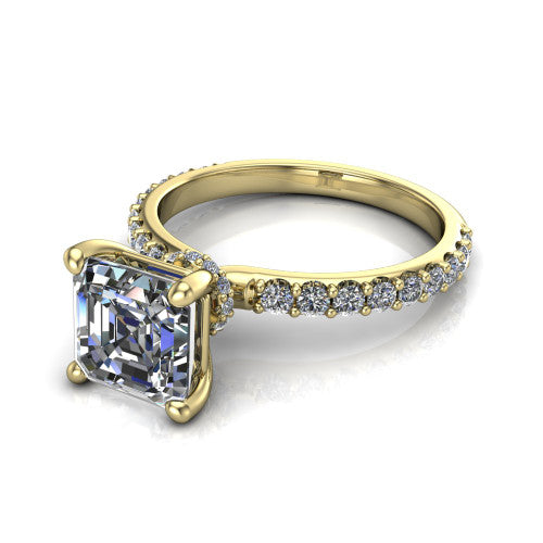 Clara asscher pavé engagement ring in 14K Yellow Gold with hidden halo and micro-pavé band, three-quarter perspective view