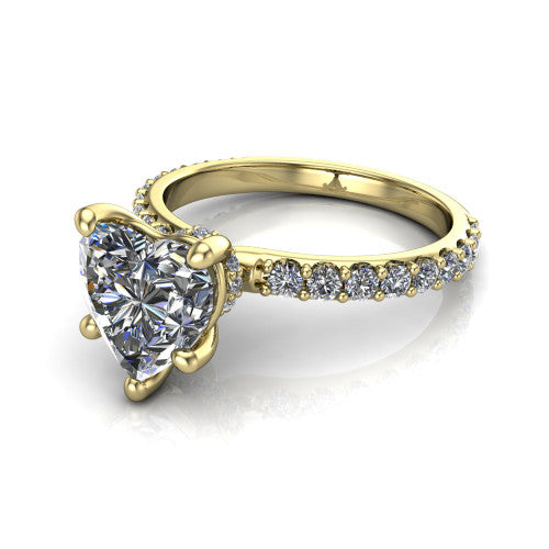Clara heart pavé engagement ring in 14K Yellow Gold with hidden halo and micro-pavé band, three-quarter perspective view