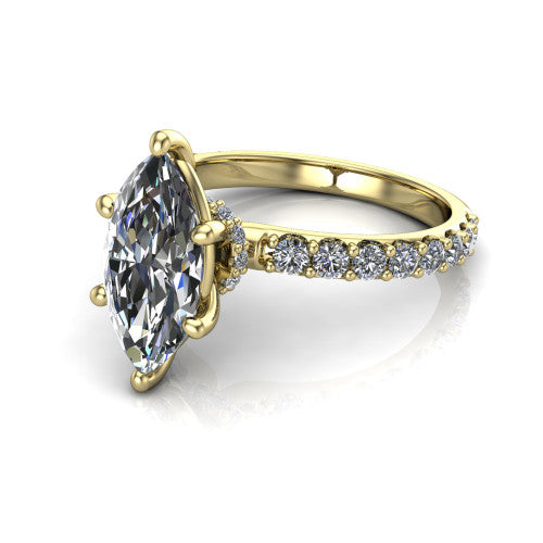 Clara marquise pavé engagement ring in 14K Yellow Gold with hidden halo and micro-pavé band, three-quarter perspective view