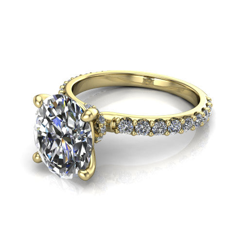 Clara oval pavé engagement ring in 14K Yellow Gold with hidden halo and micro-pavé band, three-quarter perspective view