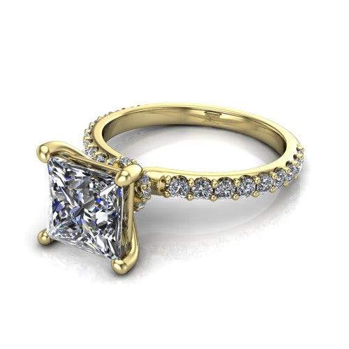 Clara princess pavé engagement ring in 18K Yellow Gold with hidden halo and micro-pavé band, three-quarter perspective view