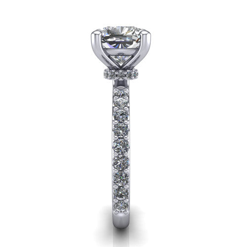 Clara cushion pavé engagement ring in Platinum with hidden halo and micro-pavé band, side profile showing the hidden halo and pavé band