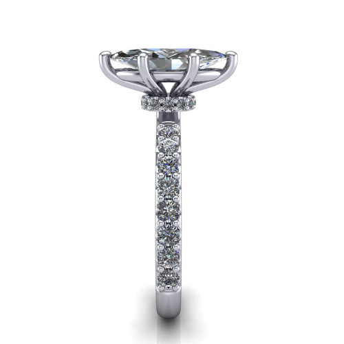 Clara marquise pavé engagement ring in 18K White Gold with hidden halo and micro-pavé band, side profile showing the hidden halo and pavé band