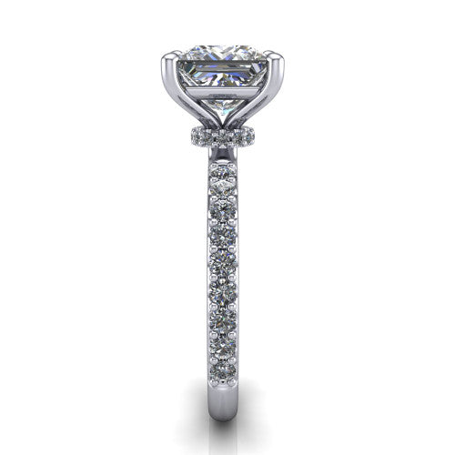 Clara princess pavé engagement ring in Platinum with hidden halo and micro-pavé band, side profile showing the hidden halo and pavé band