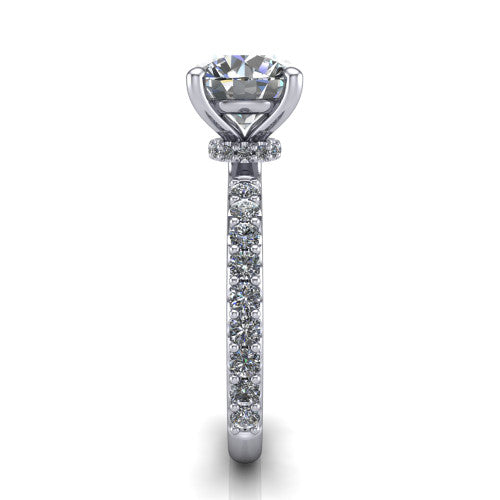 Clara round pavé engagement ring in 14K White Gold with hidden halo and micro-pavé band, side profile showing the hidden halo and pavé band