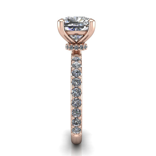 Clara cushion pavé engagement ring in 14K Rose Gold with hidden halo and micro-pavé band, side profile showing the hidden halo and pavé band