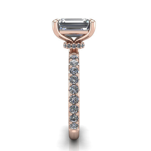 Clara emerald pavé engagement ring in 18K Rose Gold with hidden halo and micro-pavé band, side profile showing the hidden halo and pavé band