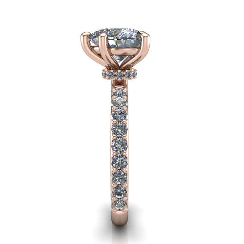 Clara heart pavé engagement ring in 18K Rose Gold with hidden halo and micro-pavé band, side profile showing the hidden halo and pavé band