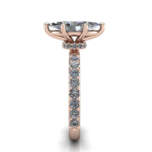 Clara marquise pavé engagement ring in 18K Rose Gold with hidden halo and micro-pavé band, side profile showing the hidden halo and pavé band