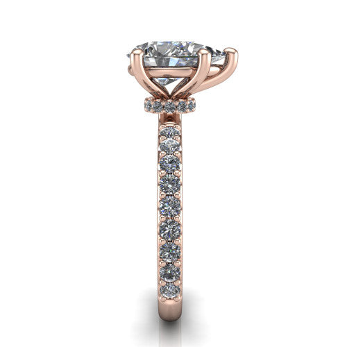 Clara pear pavé engagement ring in 18K Rose Gold with hidden halo and micro-pavé band, side profile showing the hidden halo and pavé band