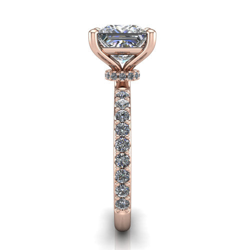 Clara princess pavé engagement ring in 14K Rose Gold with hidden halo and micro-pavé band, side profile showing the hidden halo and pavé band