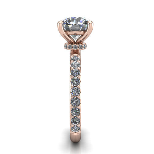 Clara round pavé engagement ring in 14K Rose Gold with hidden halo and micro-pavé band, side profile showing the hidden halo and pavé band