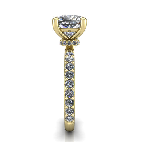 Clara cushion pavé engagement ring in 18K Yellow Gold with hidden halo and micro-pavé band, side profile showing the hidden halo and pavé band