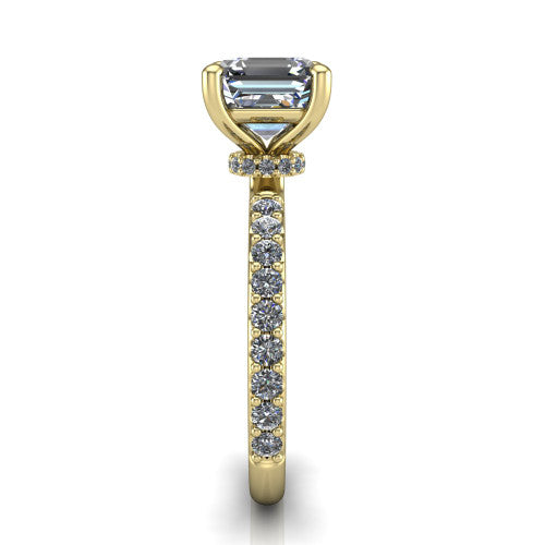 Clara asscher pavé engagement ring in 14K Yellow Gold with hidden halo and micro-pavé band, side profile showing the hidden halo and pavé band