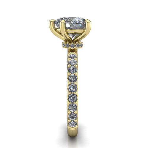 Clara heart pavé engagement ring in 18K Yellow Gold with hidden halo and micro-pavé band, side profile showing the hidden halo and pavé band