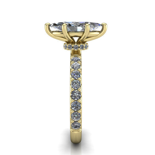 Clara marquise pavé engagement ring in 18K Yellow Gold with hidden halo and micro-pavé band, side profile showing the hidden halo and pavé band