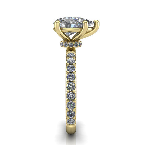 Clara pear pavé engagement ring in 18K Yellow Gold with hidden halo and micro-pavé band, side profile showing the hidden halo and pavé band