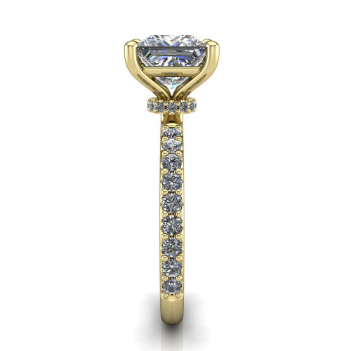 Clara princess pavé engagement ring in 18K Yellow Gold with hidden halo and micro-pavé band, side profile showing the hidden halo and pavé band