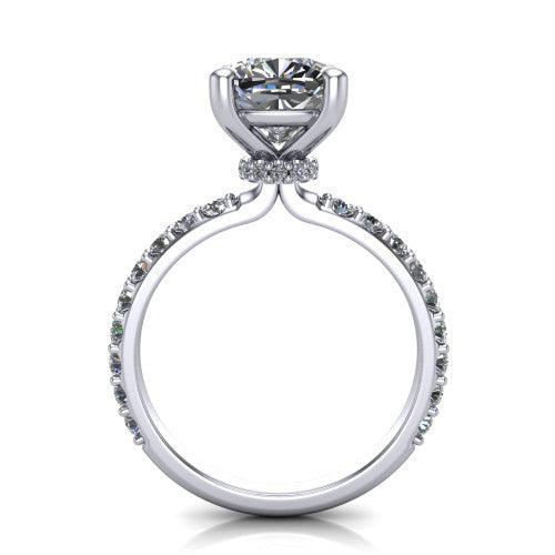 Clara cushion pavé engagement ring in Platinum with hidden halo and micro-pavé band, through-finger front profile revealing the hidden halo collar