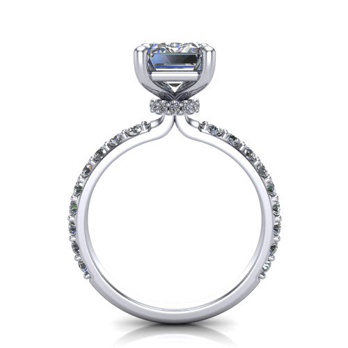 Clara emerald pavé engagement ring in 18K White Gold with hidden halo and micro-pavé band, through-finger front profile revealing the hidden halo collar