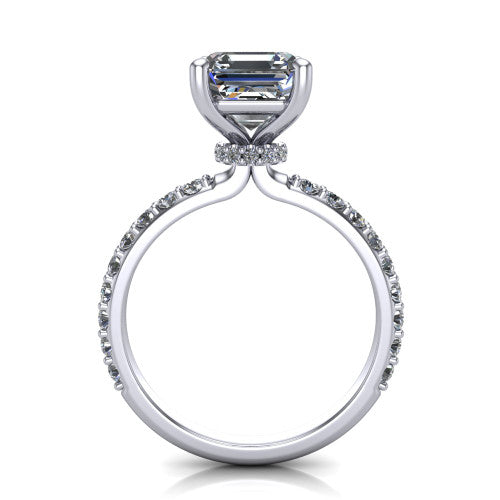 Clara asscher pavé engagement ring in Platinum with hidden halo and micro-pavé band, through-finger front profile revealing the hidden halo collar