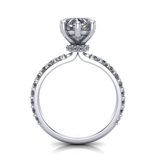 Clara heart pavé engagement ring in Platinum with hidden halo and micro-pavé band, through-finger front profile revealing the hidden halo collar