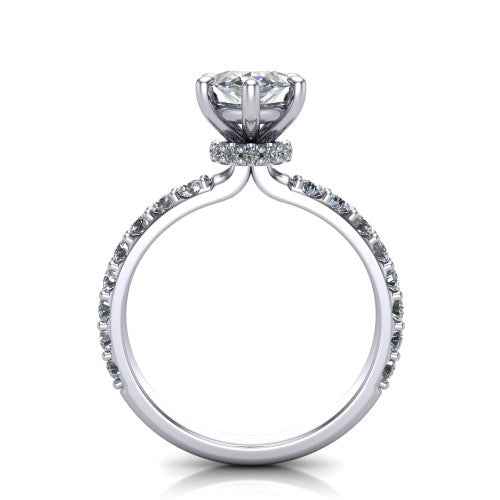 Clara marquise pavé engagement ring in 14K White Gold with hidden halo and micro-pavé band, through-finger front profile revealing the hidden halo collar