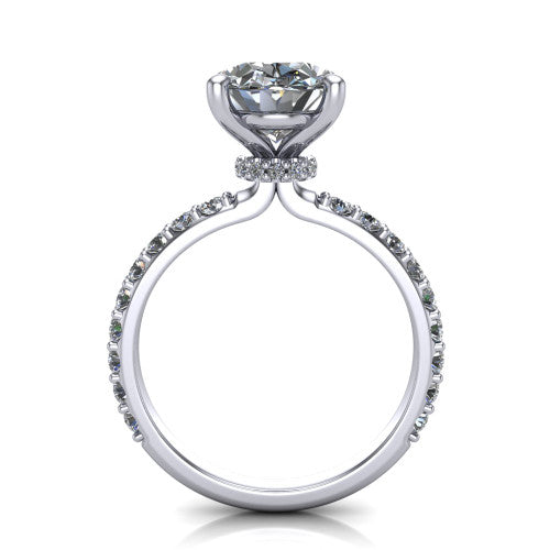 Clara oval pavé engagement ring in Platinum with hidden halo and micro-pavé band, through-finger front profile revealing the hidden halo collar