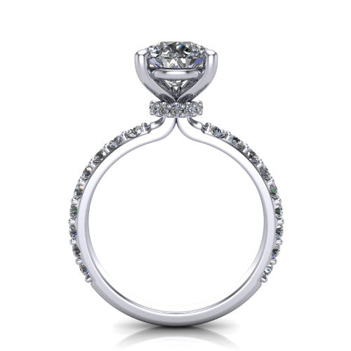 Clara pear pavé engagement ring in 14K White Gold with hidden halo and micro-pavé band, through-finger front profile revealing the hidden halo collar