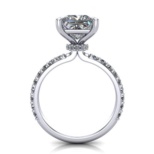 Clara princess pavé engagement ring in 18K White Gold with hidden halo and micro-pavé band, through-finger front profile revealing the hidden halo collar