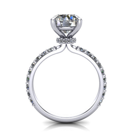 Clara round pavé engagement ring in Platinum with hidden halo and micro-pavé band, through-finger front profile revealing the hidden halo collar
