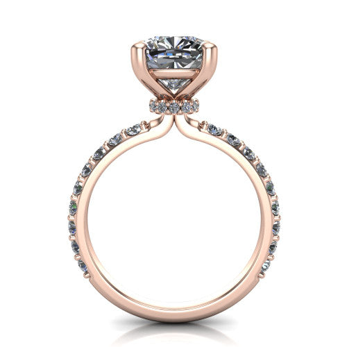 Clara cushion pavé engagement ring in 14K Rose Gold with hidden halo and micro-pavé band, through-finger front profile revealing the hidden halo collar