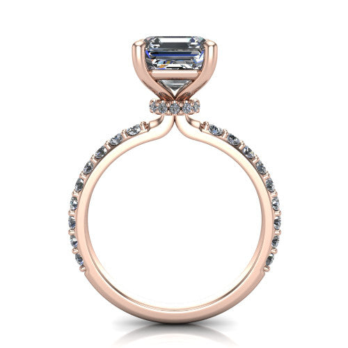 Clara asscher pavé engagement ring in 18K Rose Gold with hidden halo and micro-pavé band, through-finger front profile revealing the hidden halo collar