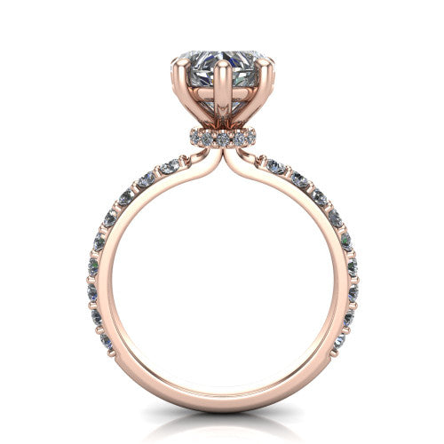Clara heart pavé engagement ring in 14K Rose Gold with hidden halo and micro-pavé band, through-finger front profile revealing the hidden halo collar