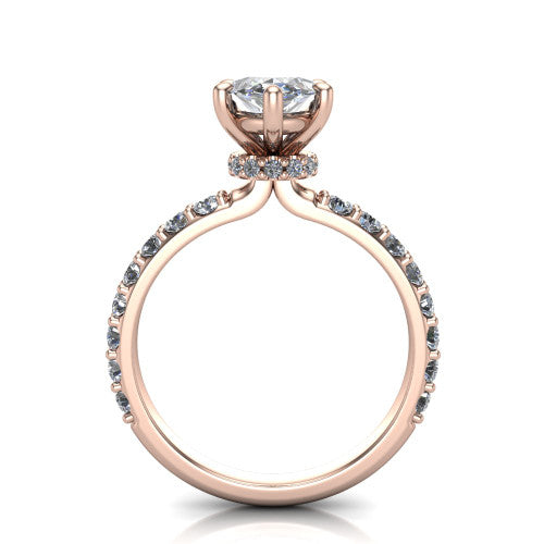 Clara marquise pavé engagement ring in 14K Rose Gold with hidden halo and micro-pavé band, through-finger front profile revealing the hidden halo collar