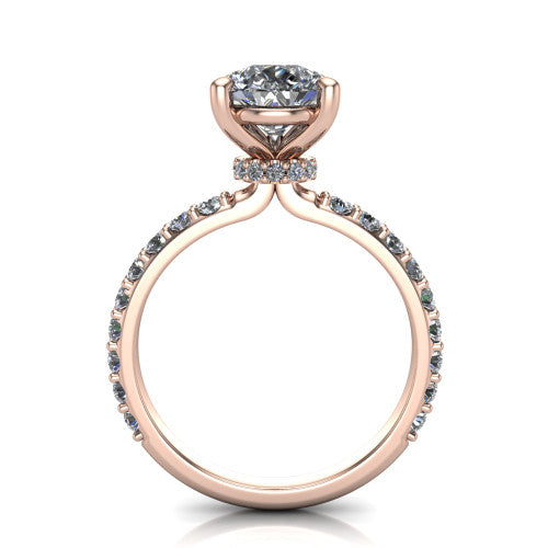 Clara pear pavé engagement ring in 14K Rose Gold with hidden halo and micro-pavé band, through-finger front profile revealing the hidden halo collar