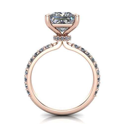 Clara princess pavé engagement ring in 18K Rose Gold with hidden halo and micro-pavé band, through-finger front profile revealing the hidden halo collar