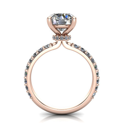 Clara round pavé engagement ring in 14K Rose Gold with hidden halo and micro-pavé band, through-finger front profile revealing the hidden halo collar