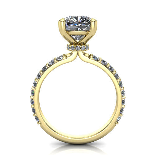 Clara cushion pavé engagement ring in 14K Yellow Gold with hidden halo and micro-pavé band, through-finger front profile revealing the hidden halo collar