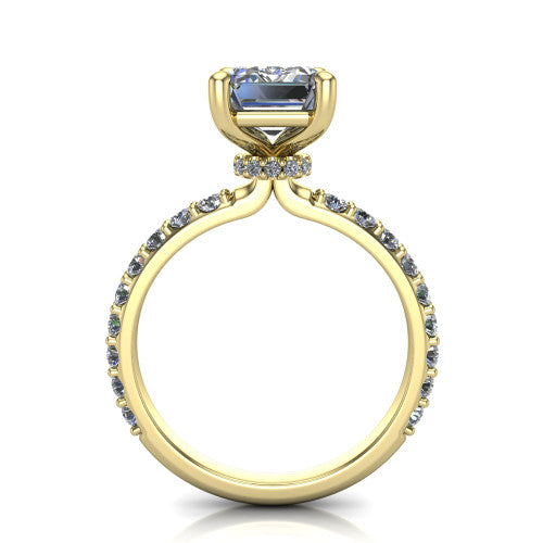 Clara emerald pavé engagement ring in 18K Yellow Gold with hidden halo and micro-pavé band, through-finger front profile revealing the hidden halo collar